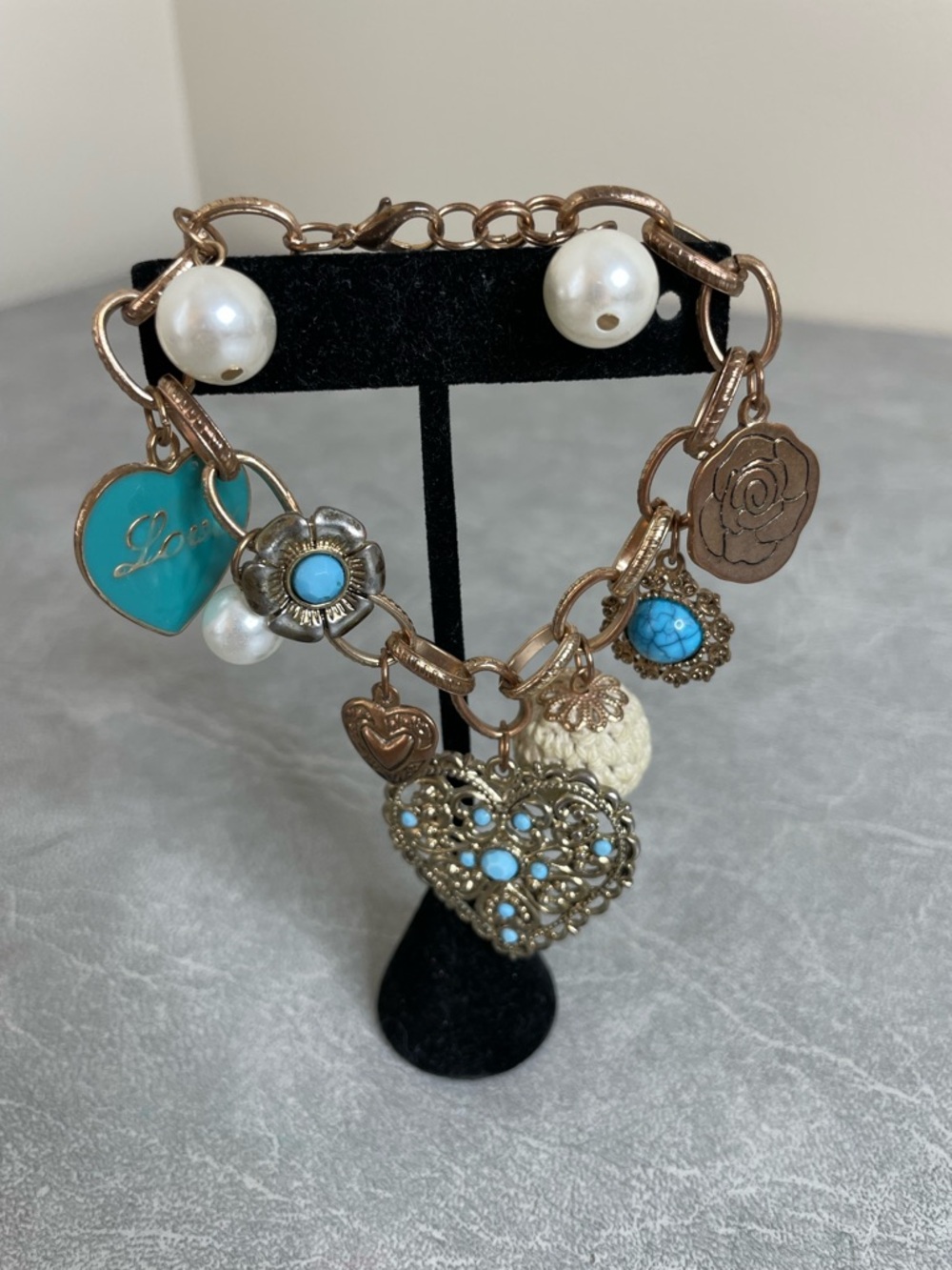 Turquoise & Gold Heart Charm Bracelet - Women Jewelry - Picture 2 of 6